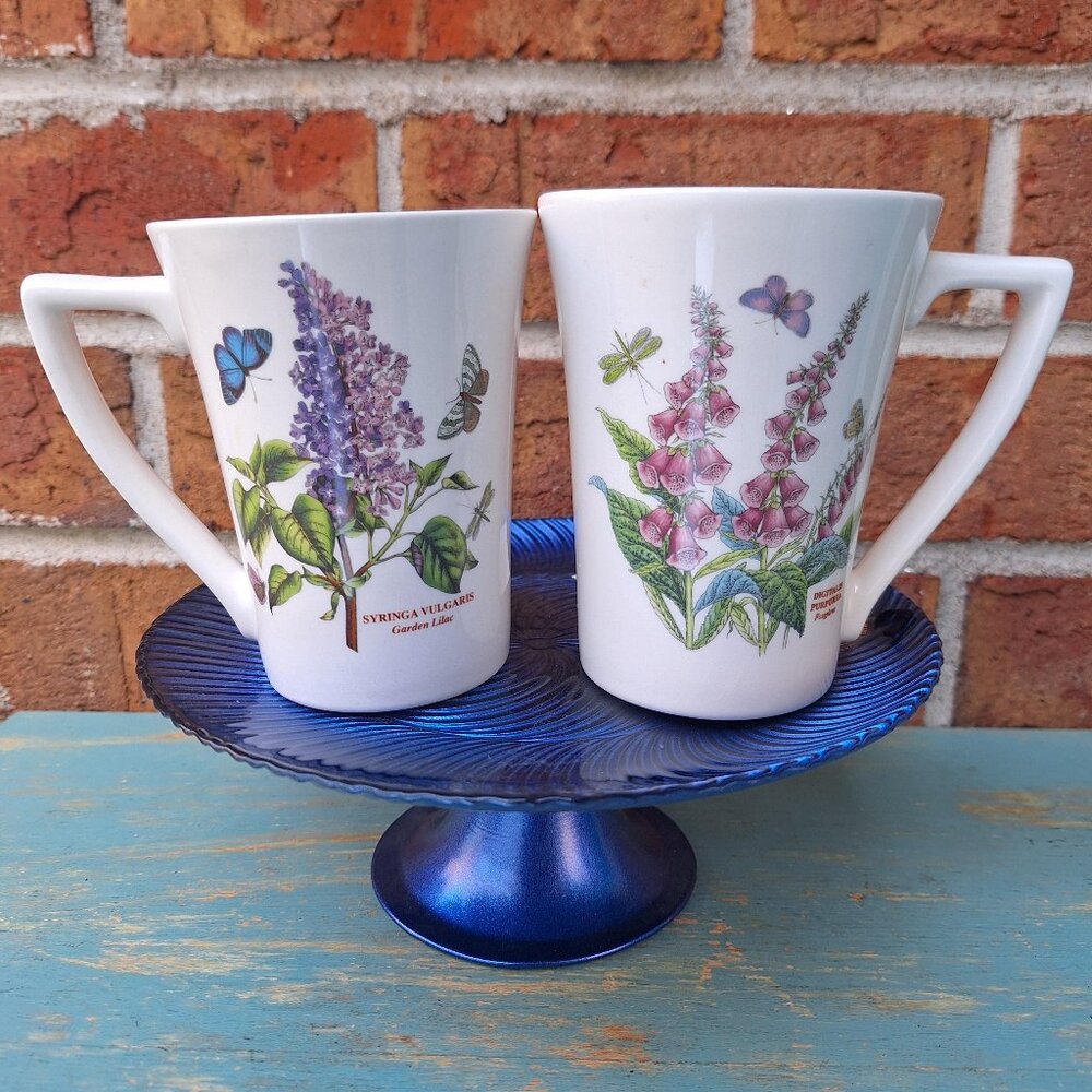 Butterfly Garden Mugs Lilac Blue Purple Dragonfly Foxglove Matching Pair Set 2